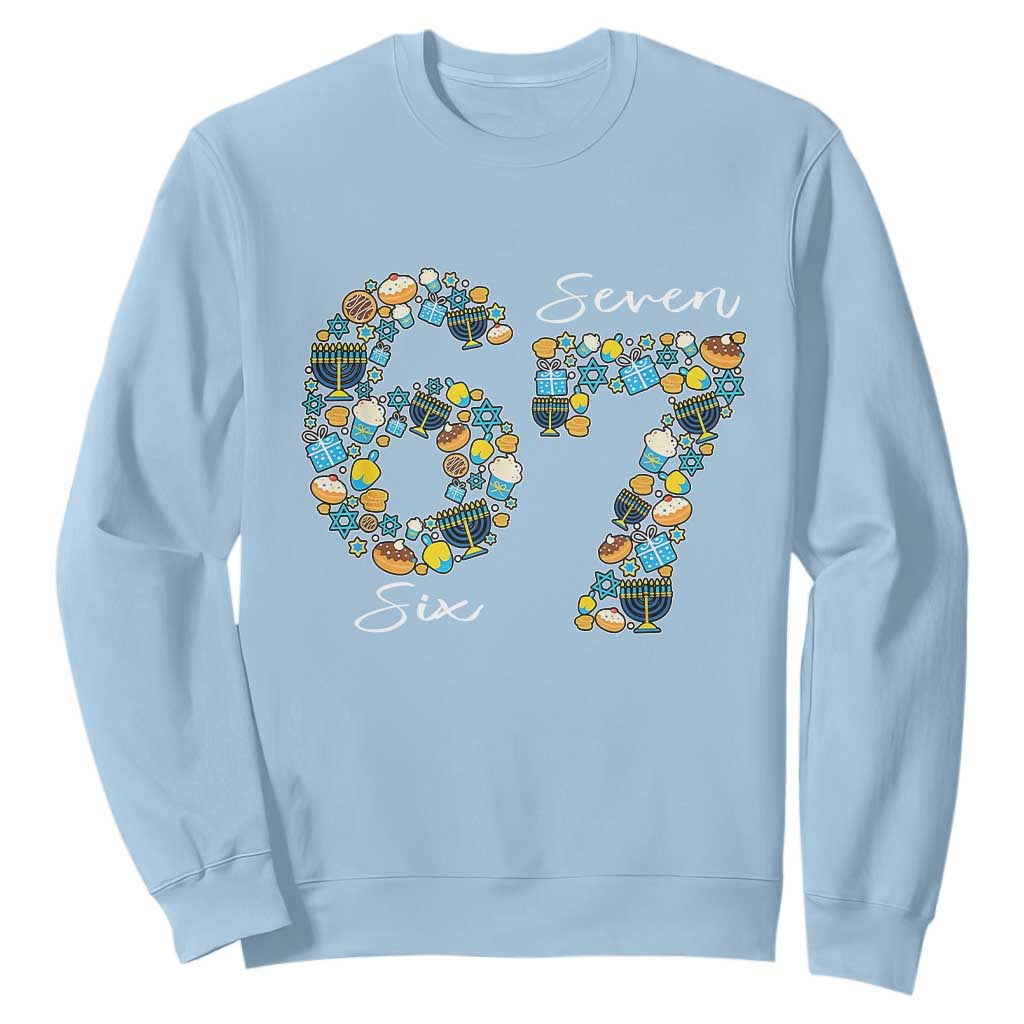 Funny Hanukkah 67 Sweatshirt Six Seven Meme Chanukah Dreidel Gelt Star Of David TS11 Light Blue Print Your Wear