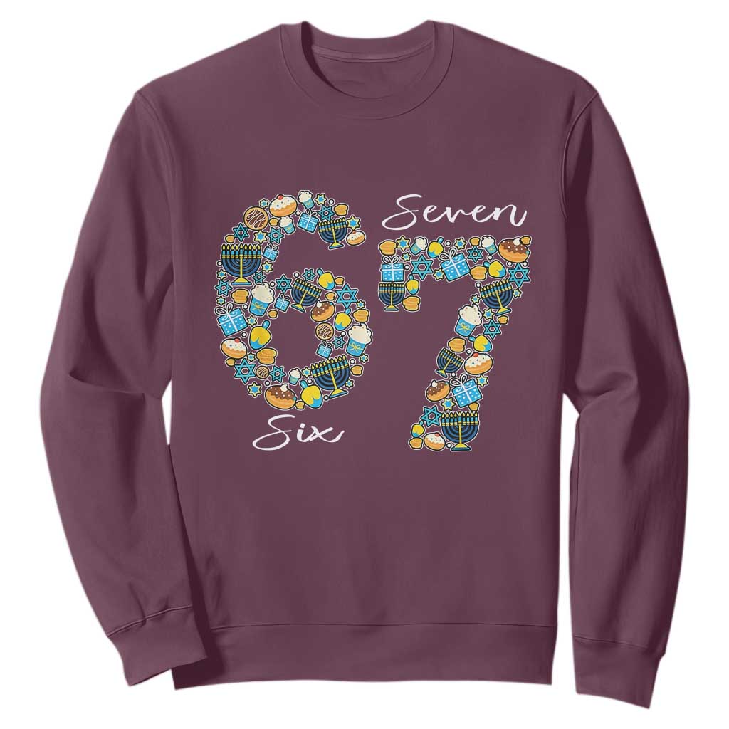 Funny Hanukkah 67 Sweatshirt Six Seven Meme Chanukah Dreidel Gelt Star Of David TS11 Maroon Print Your Wear