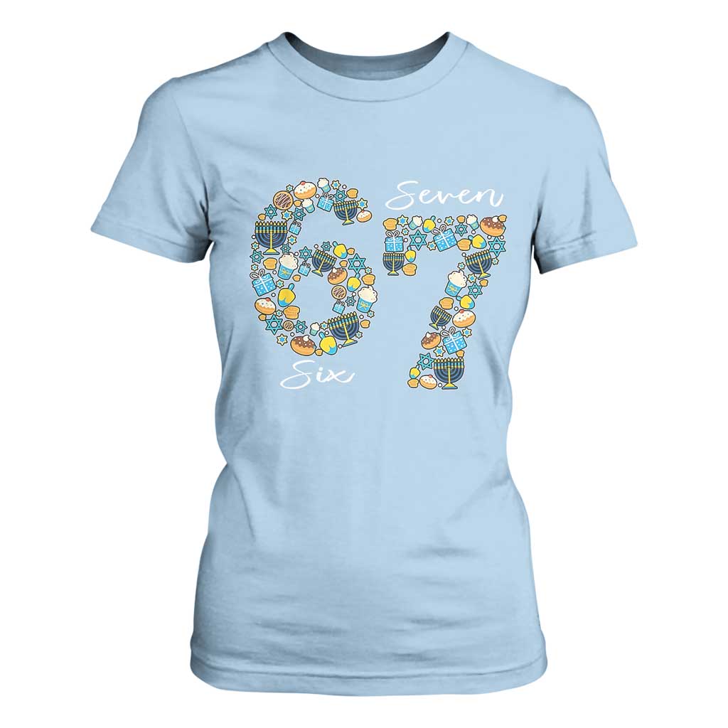 Funny Hanukkah 67 T Shirt For Women Six Seven Meme Chanukah Dreidel Gelt Star Of David TS11 Light Blue Print Your Wear