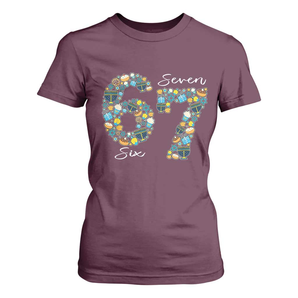 Funny Hanukkah 67 T Shirt For Women Six Seven Meme Chanukah Dreidel Gelt Star Of David TS11 Maroon Print Your Wear