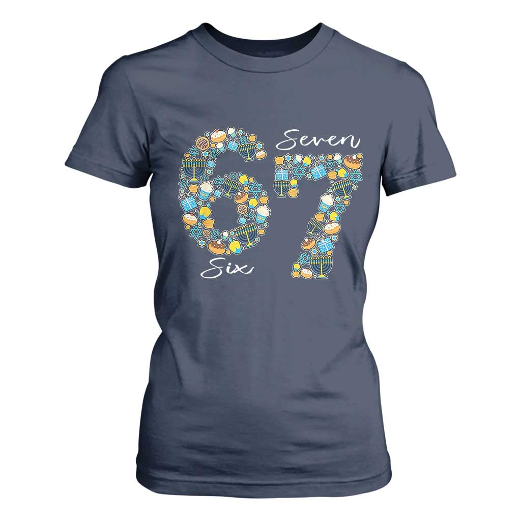 Funny Hanukkah 67 T Shirt For Women Six Seven Meme Chanukah Dreidel Gelt Star Of David TS11 Navy Print Your Wear