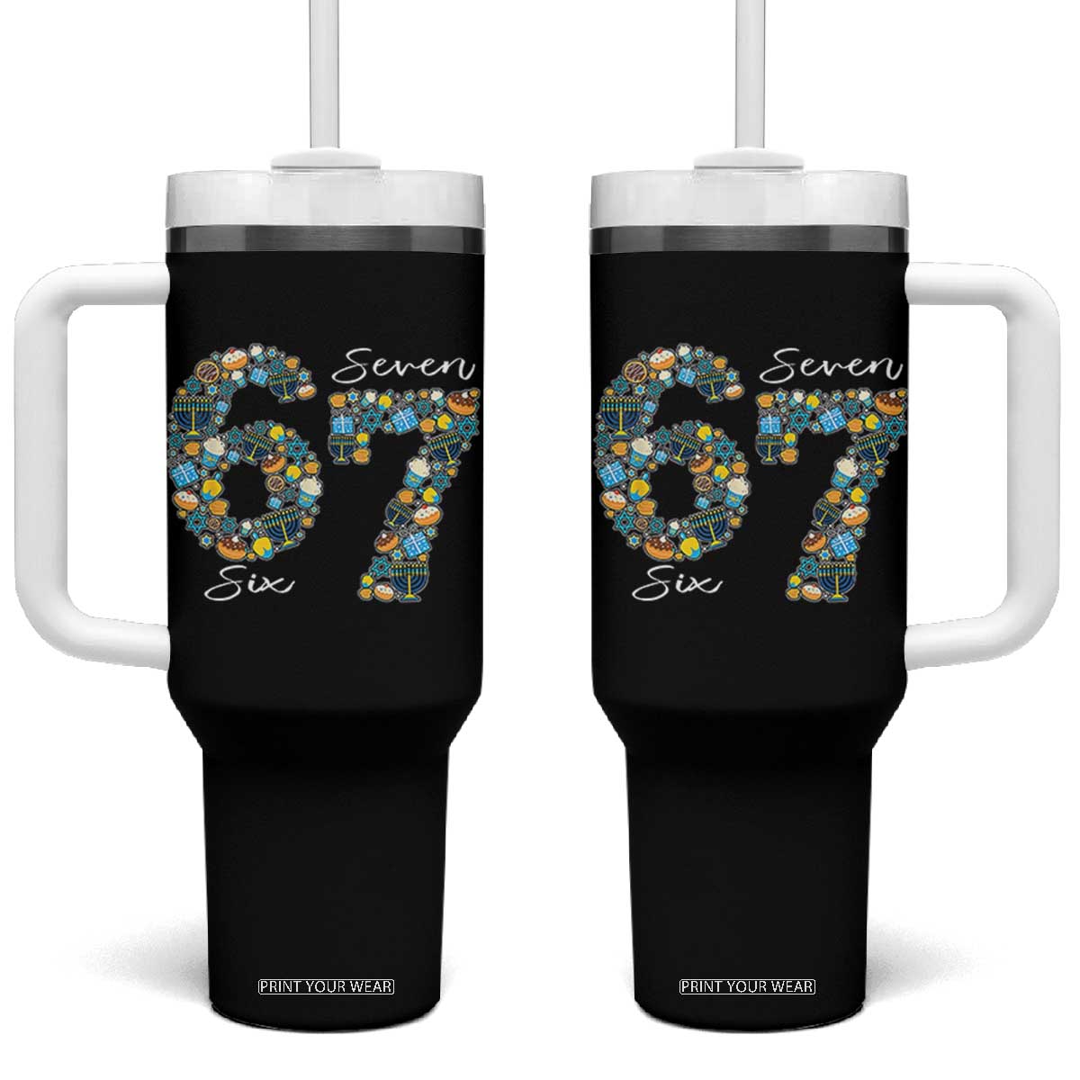 Funny Hanukkah 67 Tumbler With Handle Six Seven Meme Chanukah Dreidel Gelt Star Of David TS11 One Size: 40 oz Black Print Your Wear