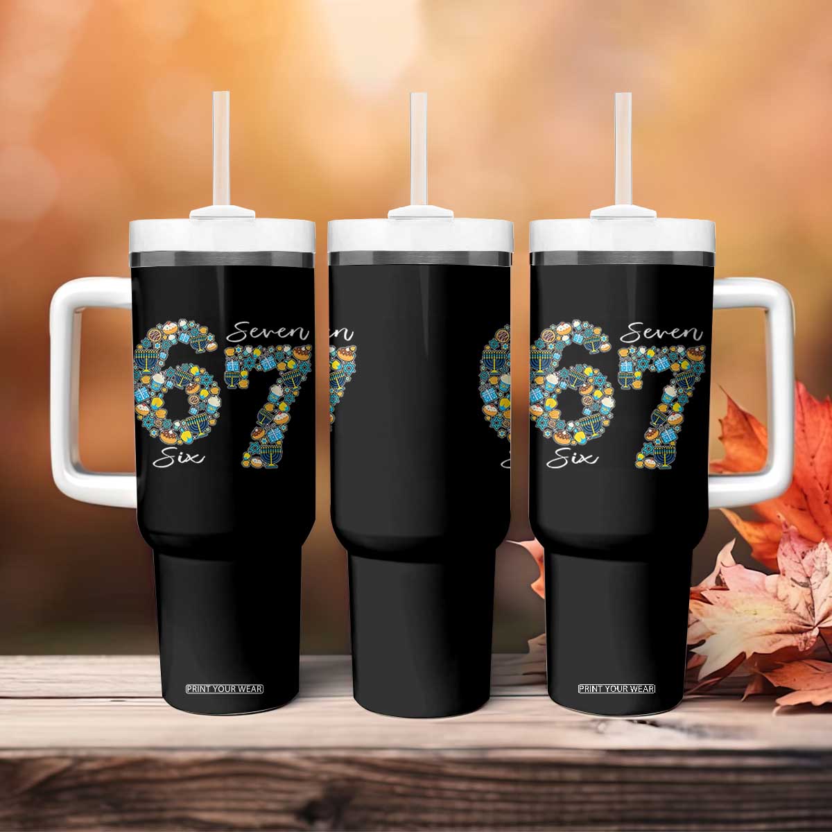 Funny Hanukkah 67 Tumbler With Handle Six Seven Meme Chanukah Dreidel Gelt Star Of David TS11 Print Your Wear