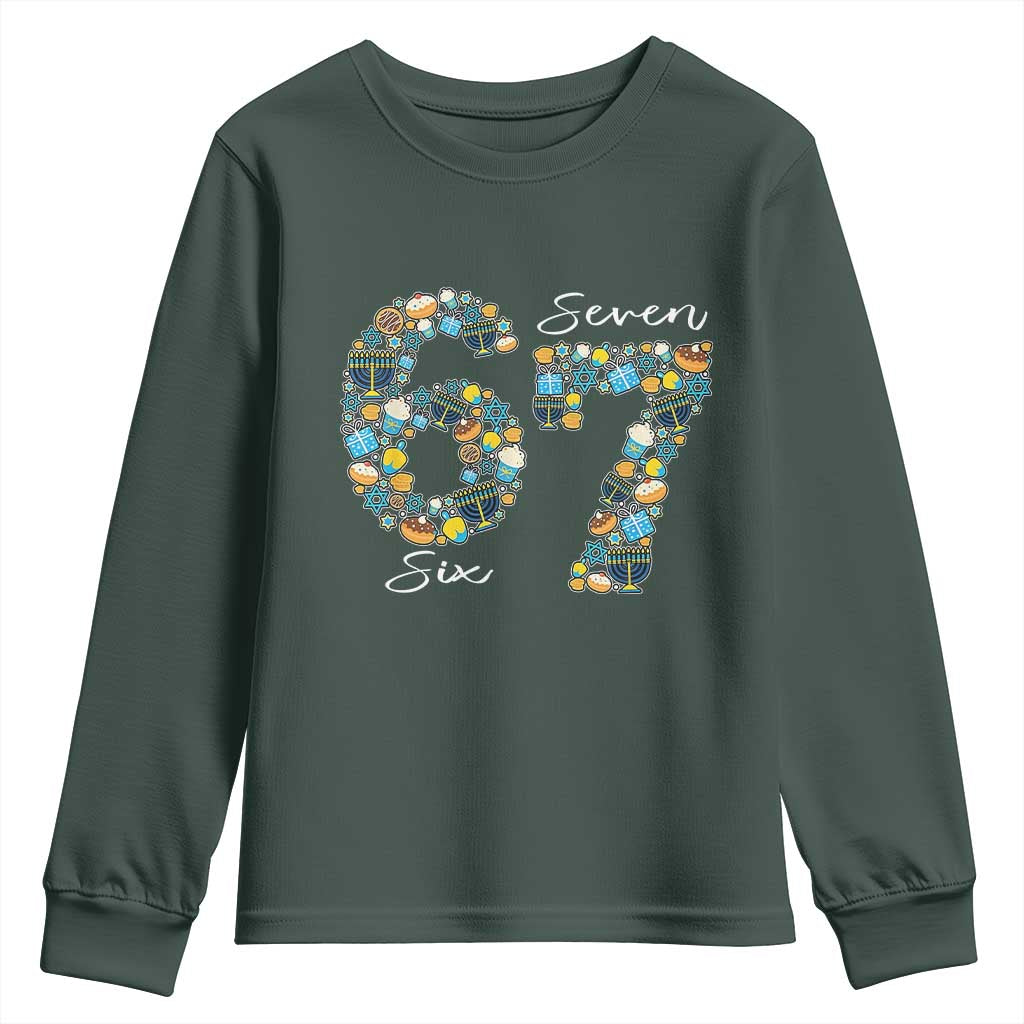 Funny Hanukkah 67 Youth Sweatshirt Six Seven Meme Chanukah Dreidel Gelt Star Of David TS11 Dark Forest Green Print Your Wear
