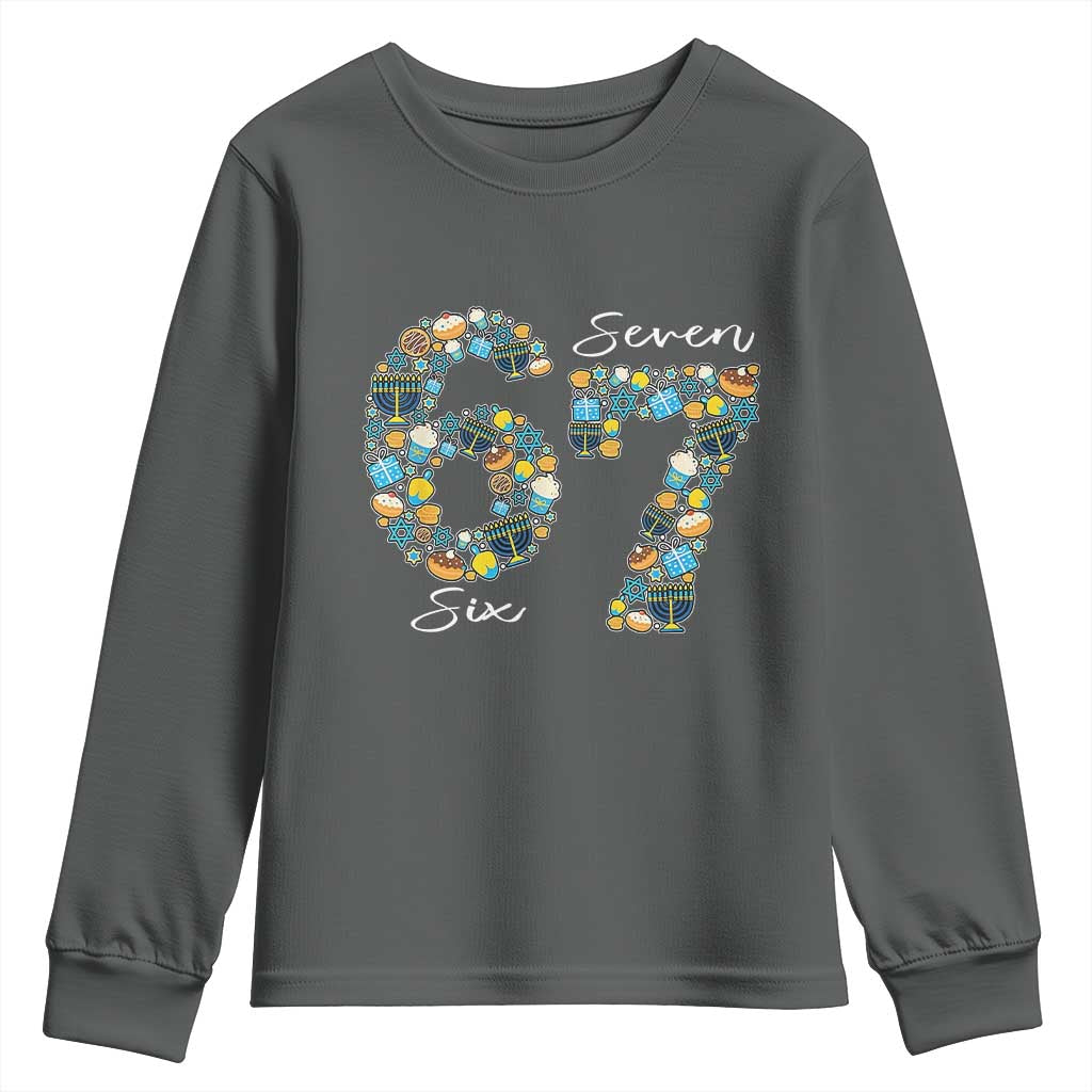 Funny Hanukkah 67 Youth Sweatshirt Six Seven Meme Chanukah Dreidel Gelt Star Of David TS11 Dark Heather Print Your Wear