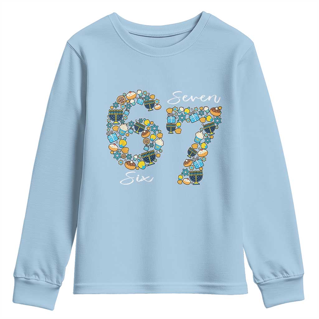 Funny Hanukkah 67 Youth Sweatshirt Six Seven Meme Chanukah Dreidel Gelt Star Of David TS11 Light Blue Print Your Wear
