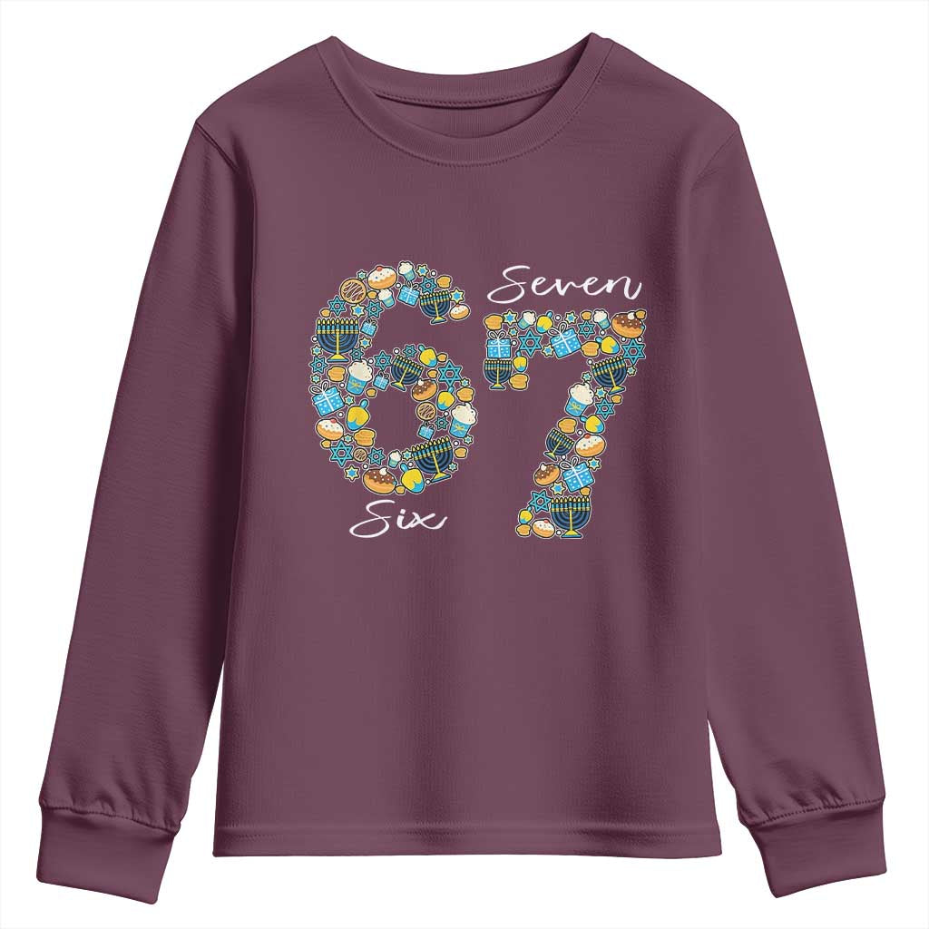 Funny Hanukkah 67 Youth Sweatshirt Six Seven Meme Chanukah Dreidel Gelt Star Of David TS11 Maroon Print Your Wear