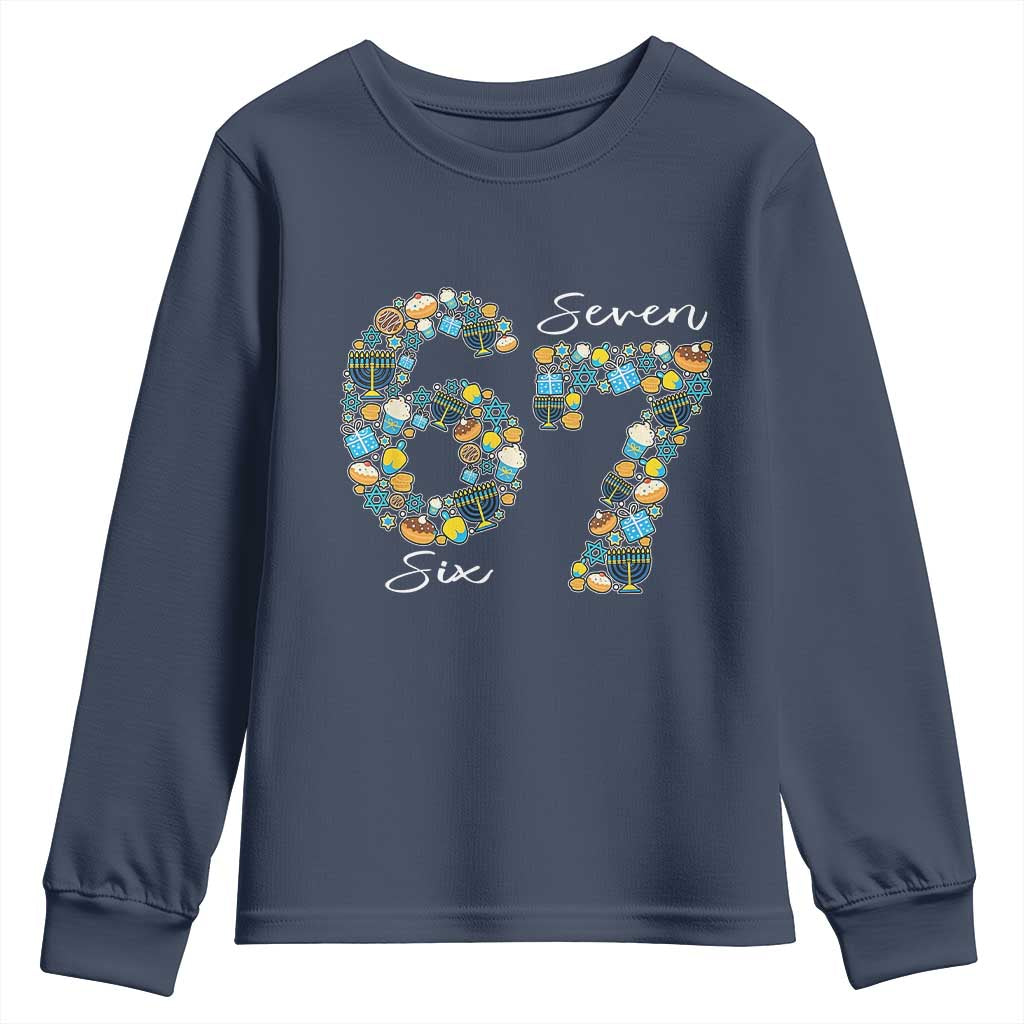 Funny Hanukkah 67 Youth Sweatshirt Six Seven Meme Chanukah Dreidel Gelt Star Of David TS11 Navy Print Your Wear