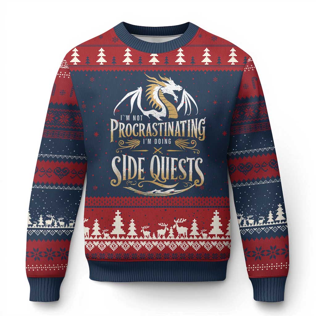 I Am Not Procrastinating I Am Doing Side Quest Ugly Christmas Sweater Fantasy Game Dragon TS11 Navy Red Print Your Wear