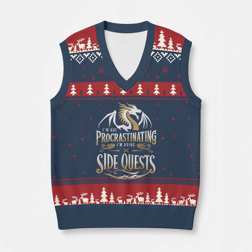 I Am Not Procrastinating I Am Doing Side Quest V-Neck Knit Sweater Vest Fantasy Game Dragon TS11 Navy Red Print Your Wear