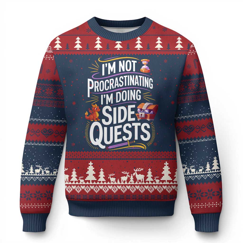 Funny I Am Not Procrastinating I Am Doing Side Quests Ugly Christmas Sweater Fantasy RPG Gamer TS11 Navy Red Print Your Wear