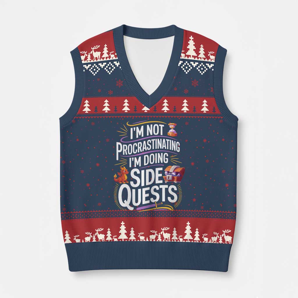 Funny I Am Not Procrastinating I Am Doing Side Quests V-Neck Knit Sweater Vest Fantasy RPG Gamer TS11 Navy Red Print Your Wear
