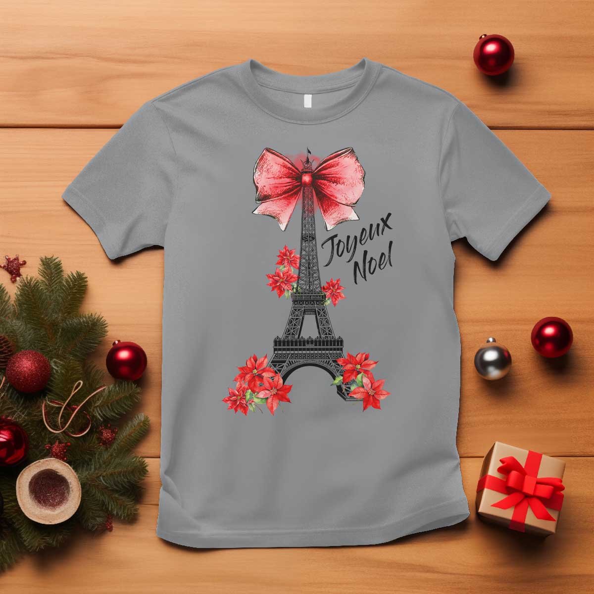 Joyeux Noel Eiffel Tower T Shirt Christmas In French Coquette Bow TS11 Sport Gray Print Your Wear