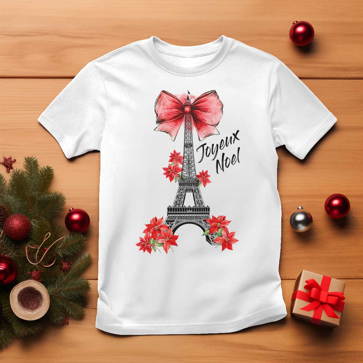 Joyeux Noel Eiffel Tower T Shirt Christmas In French Coquette Bow TS11 White Print Your Wear
