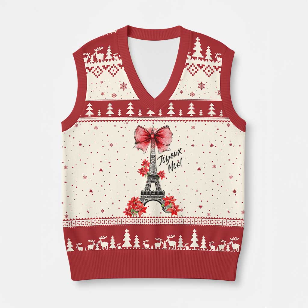 Joyeux Noel Eiffel Tower V-Neck Knit Sweater Vest Xmas In French Coquette Bow TS11 Beige Red Print Your Wear