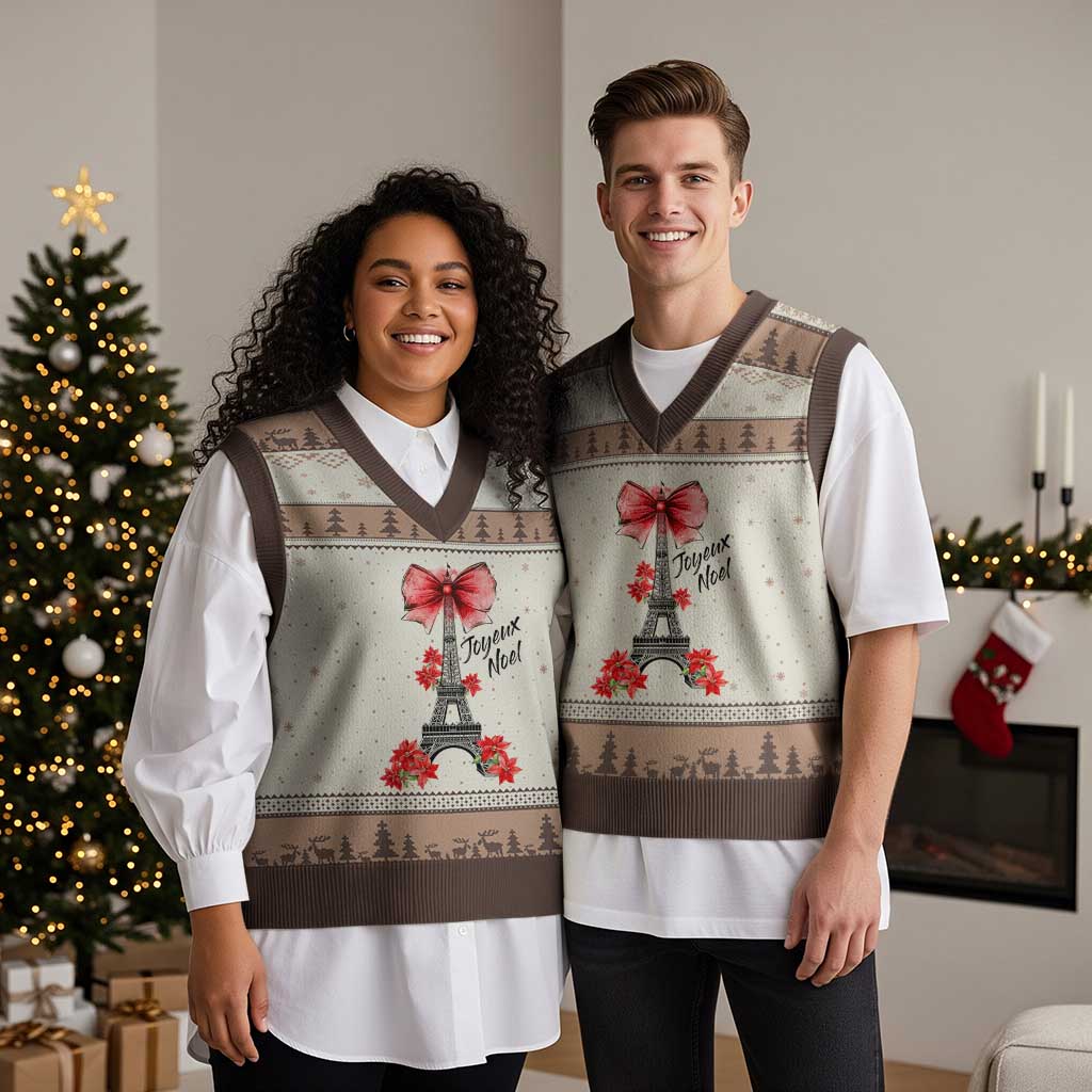 Joyeux Noel Eiffel Tower V-Neck Knit Sweater Vest Xmas In French Coquette Bow TS11 Mocha Mousse Print Your Wear