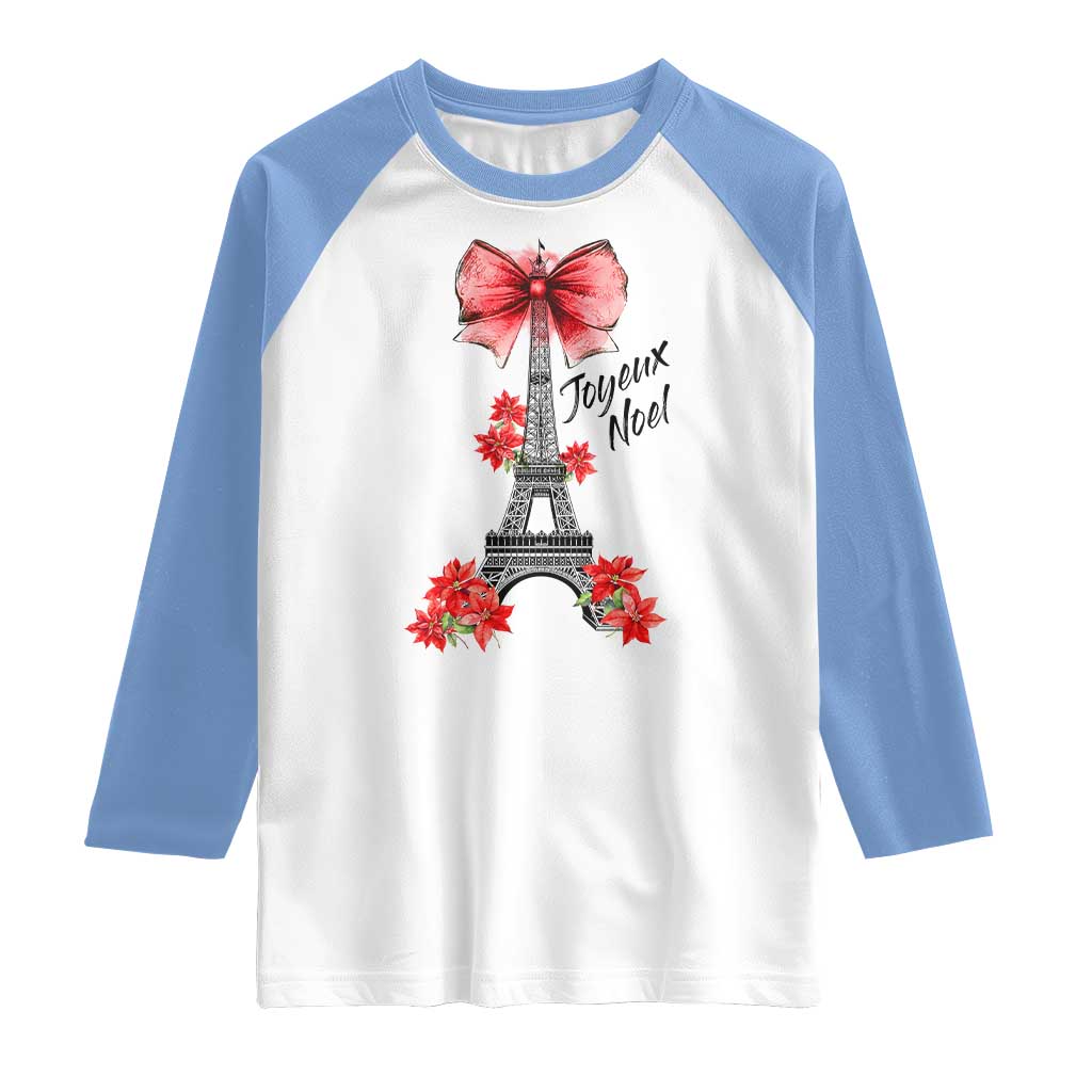 Joyeux Noel Eiffel Tower Raglan Shirt Christmas In French Coquette Bow TS11 White Carolina Blue Print Your Wear