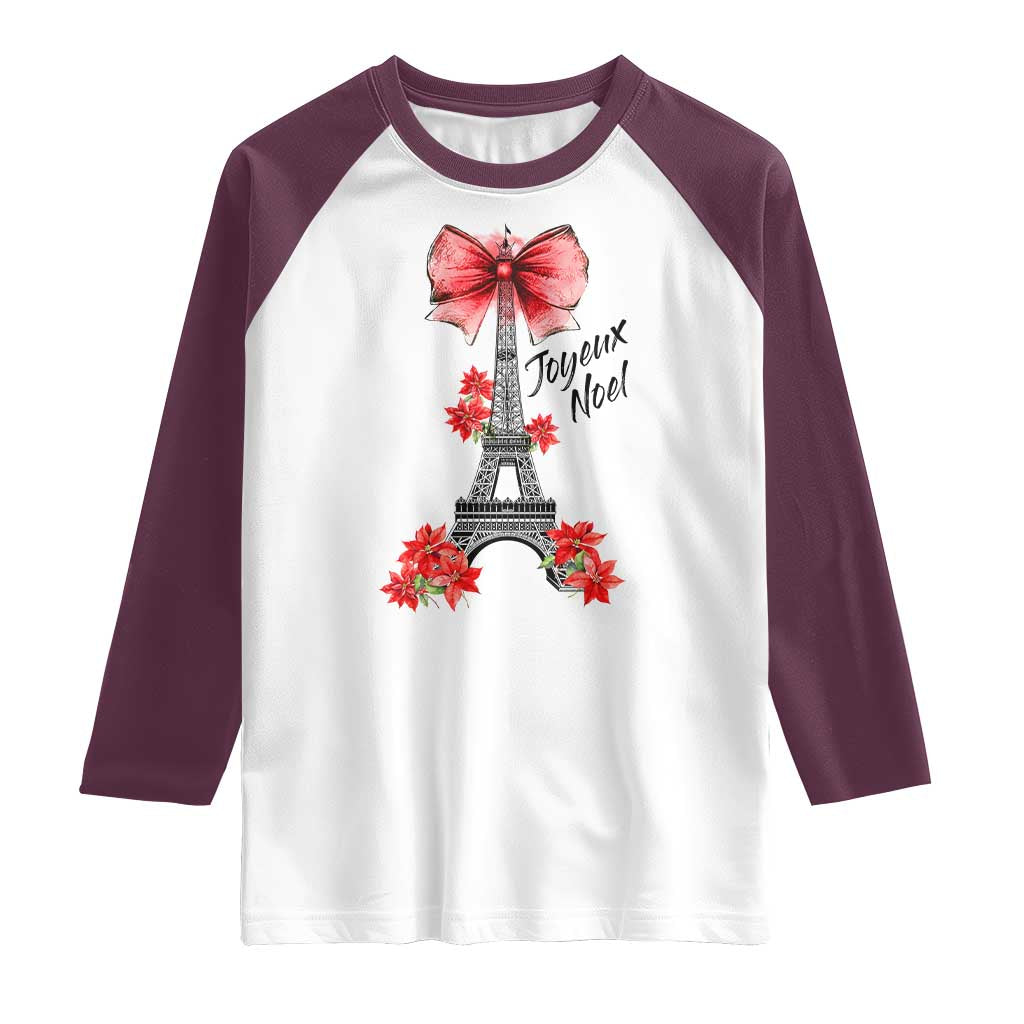 Joyeux Noel Eiffel Tower Raglan Shirt Christmas In French Coquette Bow TS11 White Maroon Print Your Wear