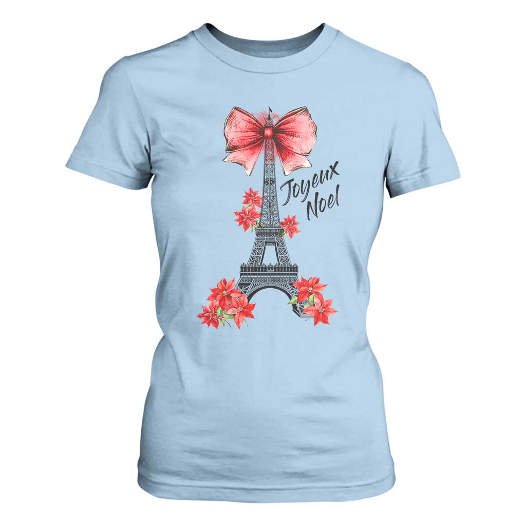 Joyeux Noel Eiffel Tower T Shirt For Women Christmas In French Coquette Bow TS11 Light Blue Print Your Wear