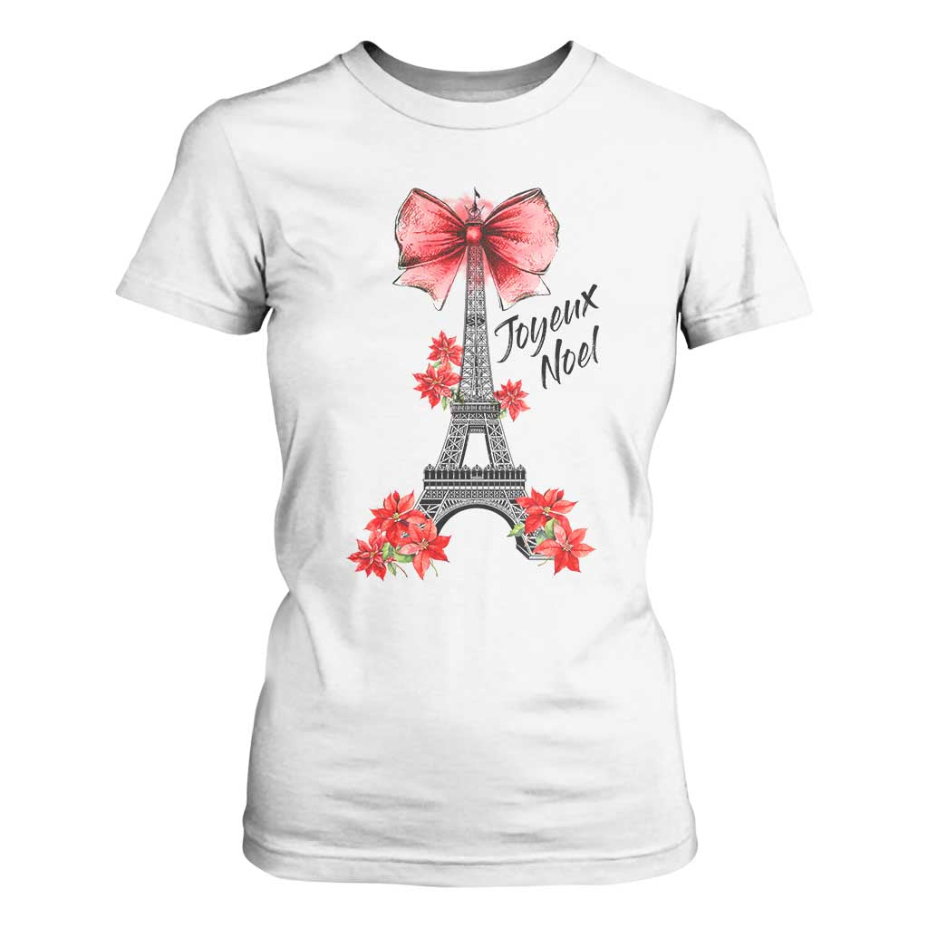 Joyeux Noel Eiffel Tower T Shirt For Women Christmas In French Coquette Bow TS11 White Print Your Wear