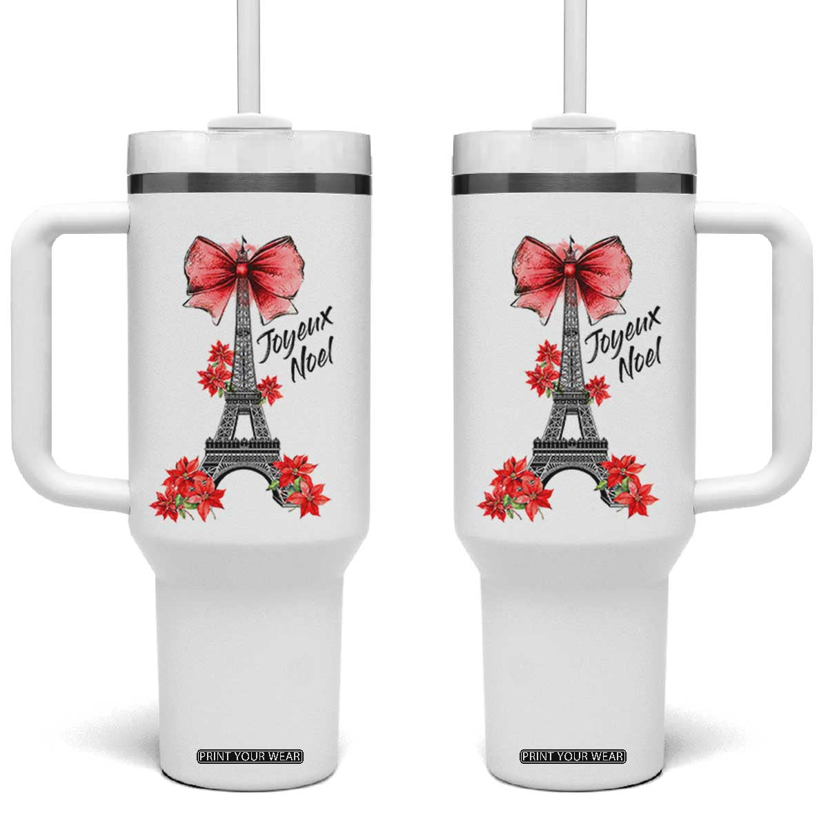 Joyeux Noel Eiffel Tower Tumbler With Handle Christmas In French Coquette Bow TS11 One Size: 40 oz White Print Your Wear