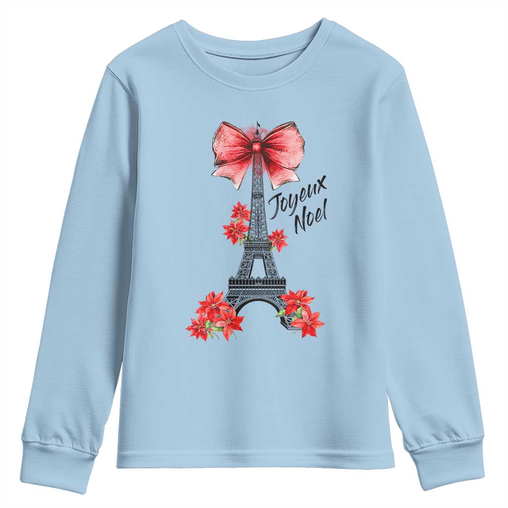 Joyeux Noel Eiffel Tower Youth Sweatshirt Christmas In French Coquette Bow TS11 Light Blue Print Your Wear
