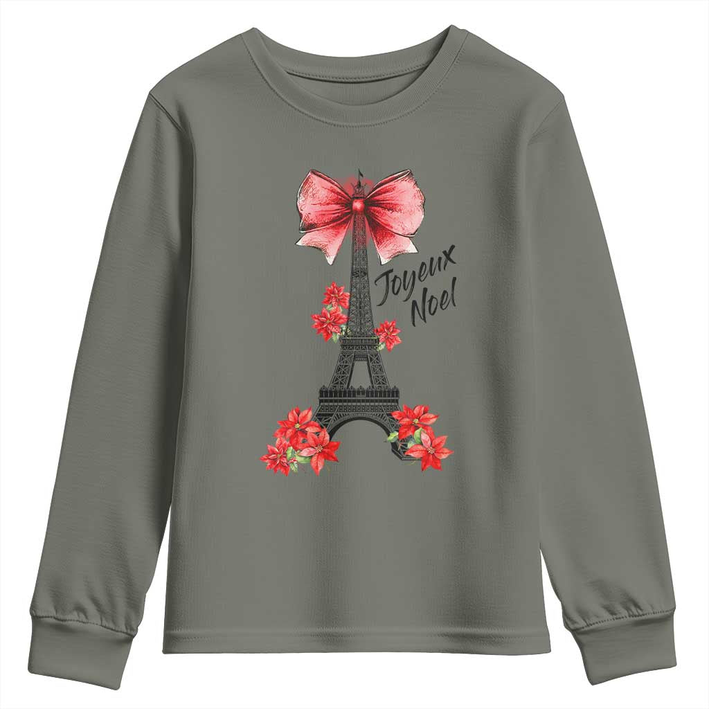 Joyeux Noel Eiffel Tower Youth Sweatshirt Christmas In French Coquette Bow TS11 Military Green Print Your Wear