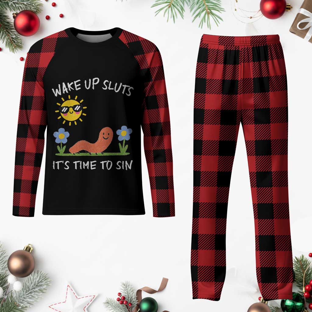 Wake Up Sluts Its Time To Sin Plaid Pajama Set Funny Worm Meme - Print Your Wear