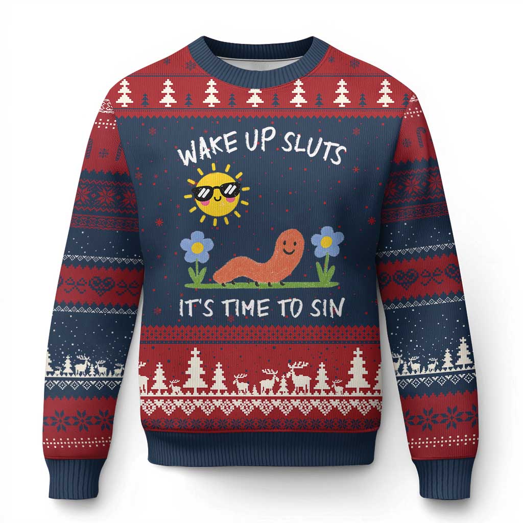 Wake Up Sluts Its Time To Sin Ugly Christmas Sweater Funny Worm Meme TS11 Navy Red Print Your Wear