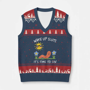 Wake Up Sluts Its Time To Sin V-Neck Knit Sweater Vest Funny Worm Meme TS11 Navy Red Print Your Wear