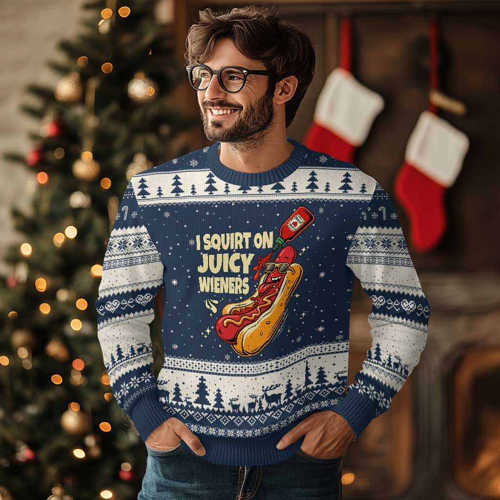 Funny I Squirt On Juicy Wieners Ugly Christmas Sweater Inappropriate Dirty Adult Humor Hot Dog Joke TS11 Navy Beige Print Your Wear
