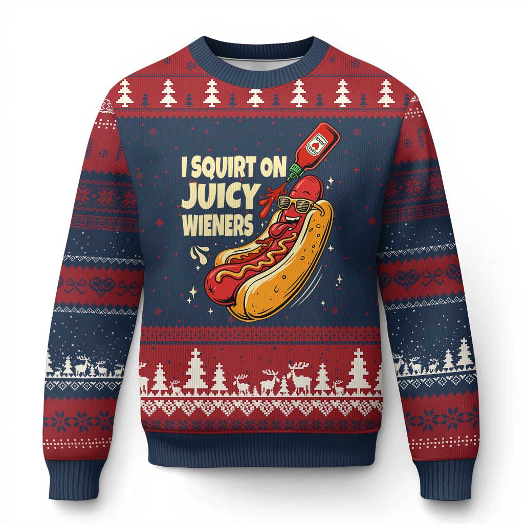 Funny I Squirt On Juicy Wieners Ugly Christmas Sweater Inappropriate Dirty Adult Humor Hot Dog Joke TS11 Navy Red Print Your Wear
