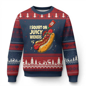 Funny I Squirt On Juicy Wieners Ugly Christmas Sweater Inappropriate Dirty Adult Humor Hot Dog Joke TS11 Navy Red Print Your Wear