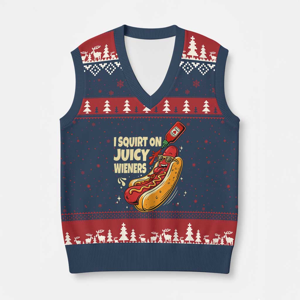 Funny I Squirt On Juicy Wieners V-Neck Knit Sweater Vest Inappropriate Dirty Adult Humor Hot Dog Joke TS11 Navy Red Print Your Wear