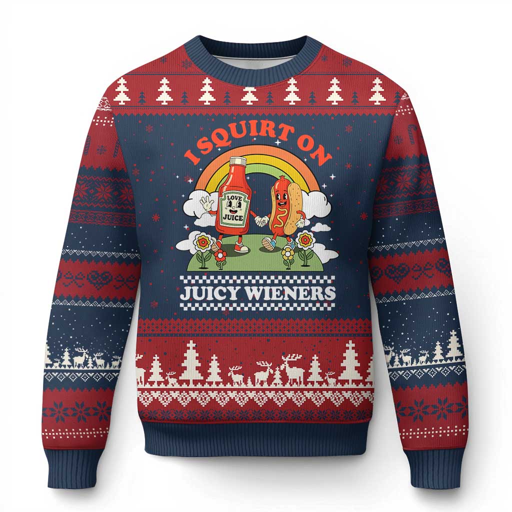 Funny I Squirt On Juicy Wieners Ugly Christmas Sweater Adult Humor Dirty Gag Hot Dog Joke TS11 Navy Red Print Your Wear