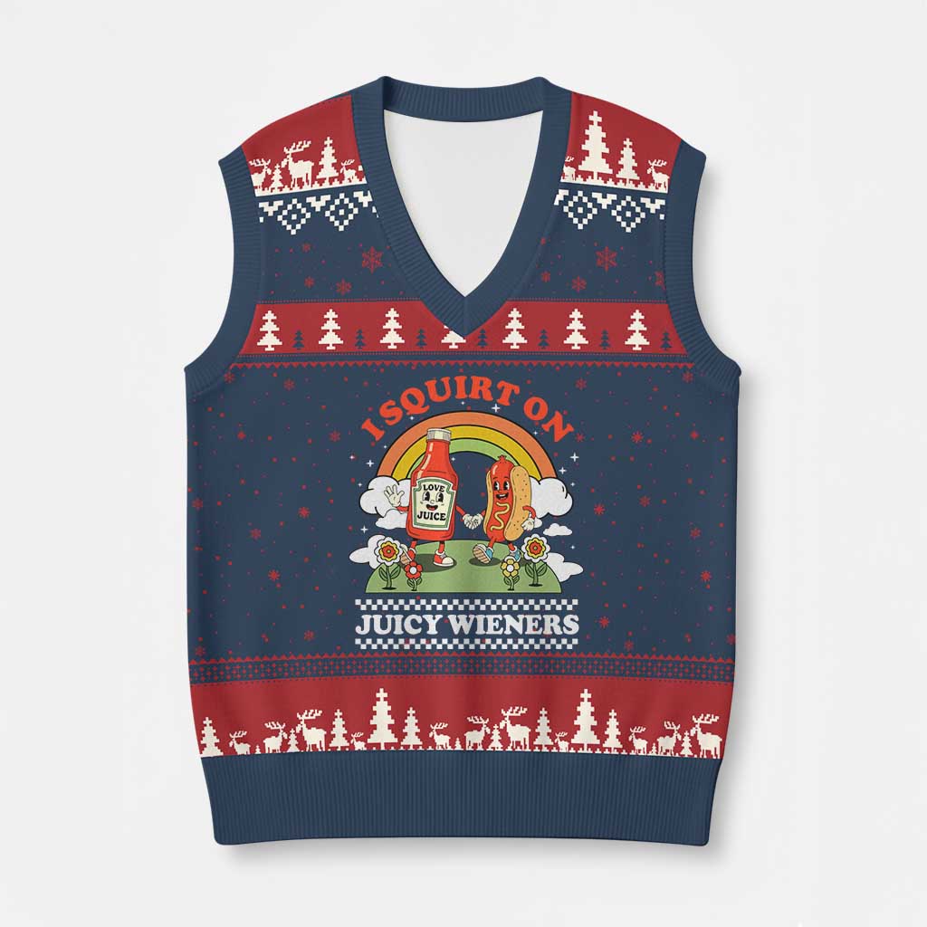 Funny I Squirt On Juicy Wieners V-Neck Knit Sweater Vest Adult Humor Dirty Gag Hot Dog Joke - Print Your Wear