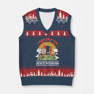 Funny I Squirt On Juicy Wieners V-Neck Knit Sweater Vest Adult Humor Dirty Gag Hot Dog Joke - Print Your Wear
