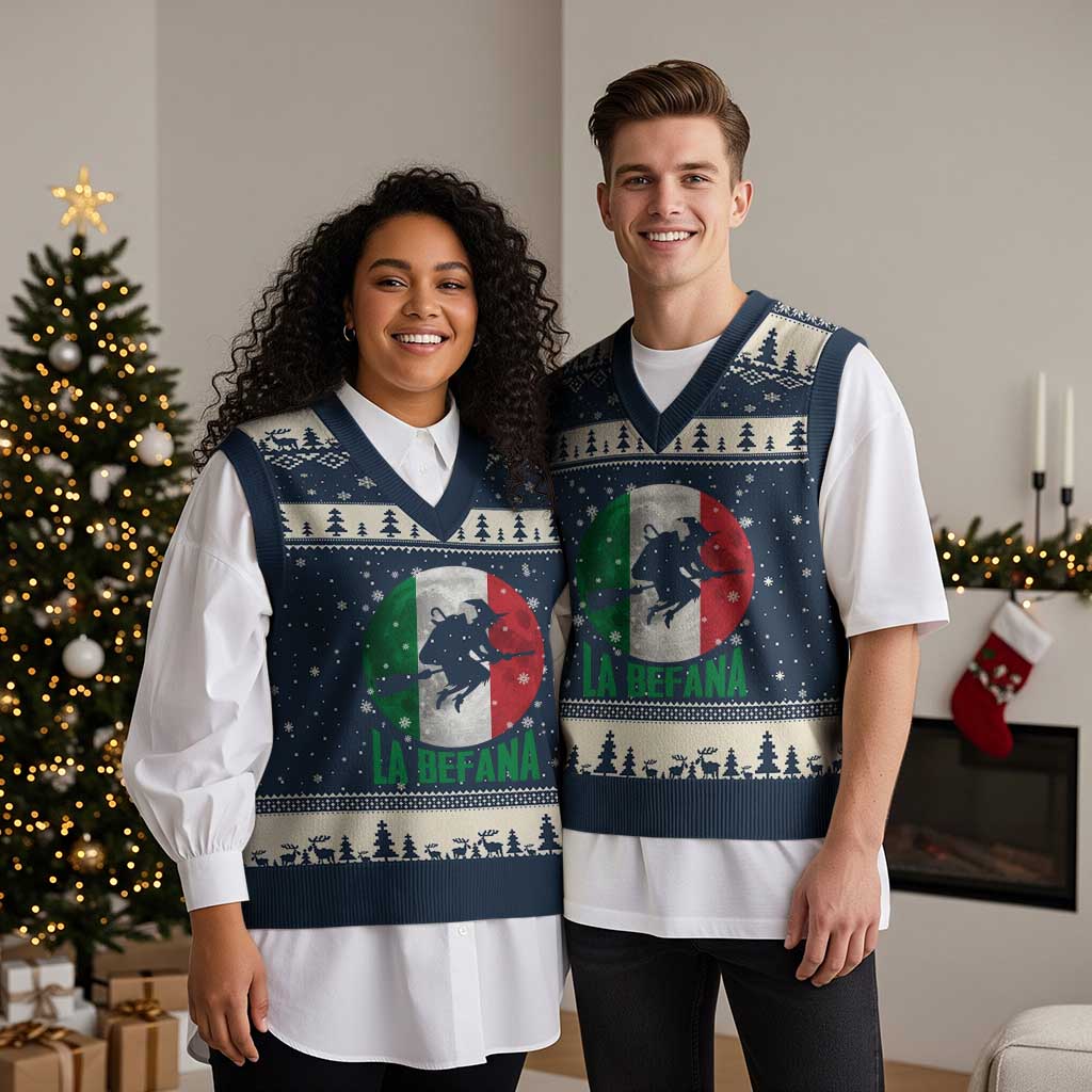 La Befana Italian Xmas V-Neck Knit Sweater Vest Xmas Witch Folklore Italy Holiday TS11 Navy Beige Print Your Wear