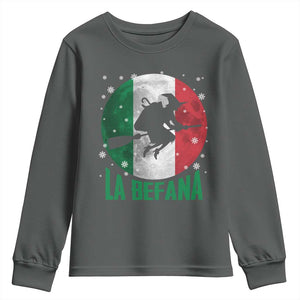 La Befana Italian Christmas Youth Sweatshirt Xmas Witch Folklore Italy Holiday TS11 Dark Heather Print Your Wear