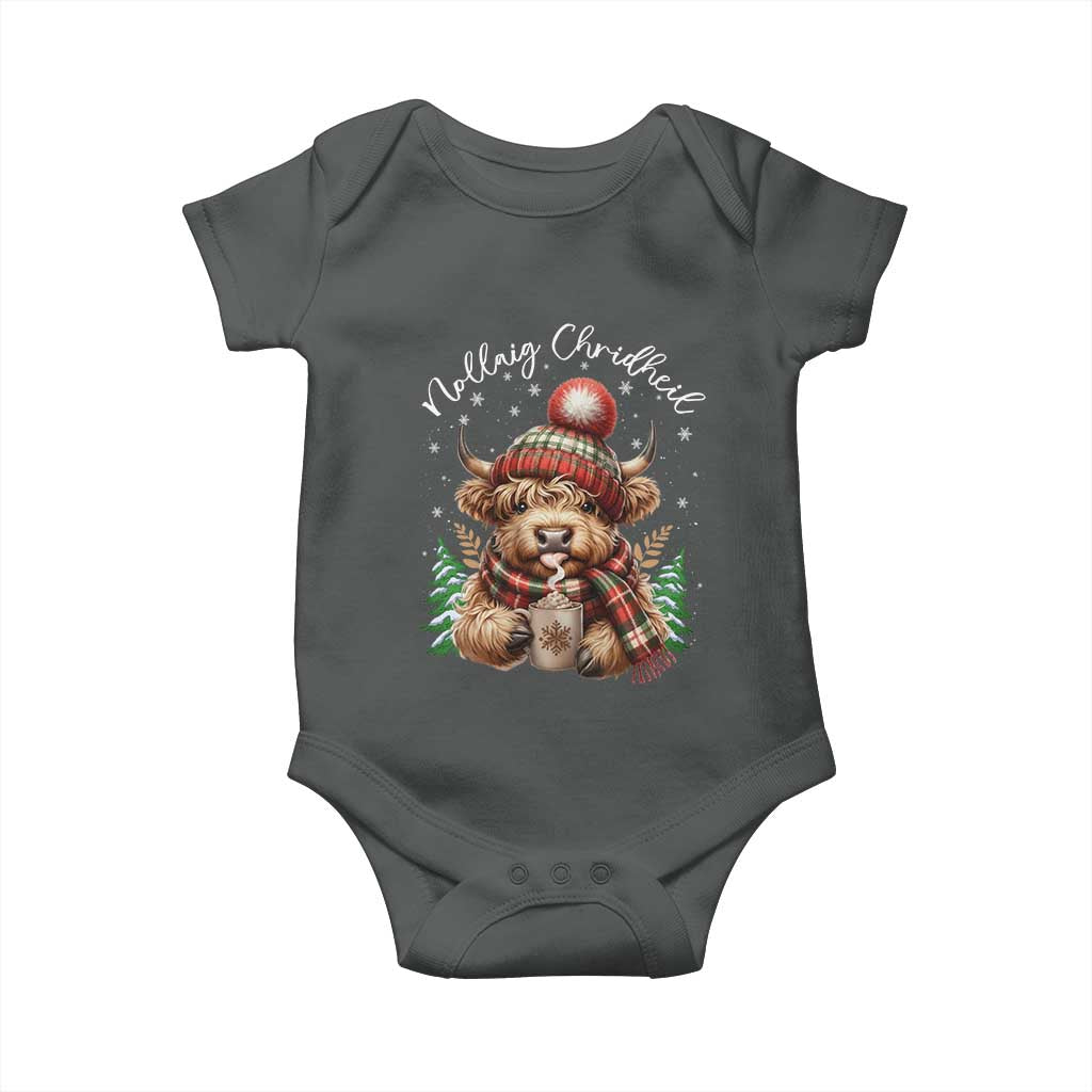 Scottish Christmas Baby Onesie Nollaig Chridheil Gaelic Xmas Higland Cow TS11 Dark Heather Print Your Wear