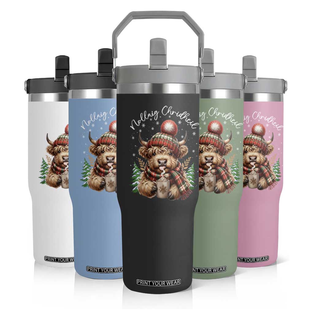 Scottish Christmas Flip Straw Tumbler Nollaig Chridheil Gaelic Xmas Higland Cow TS11 Print Your Wear