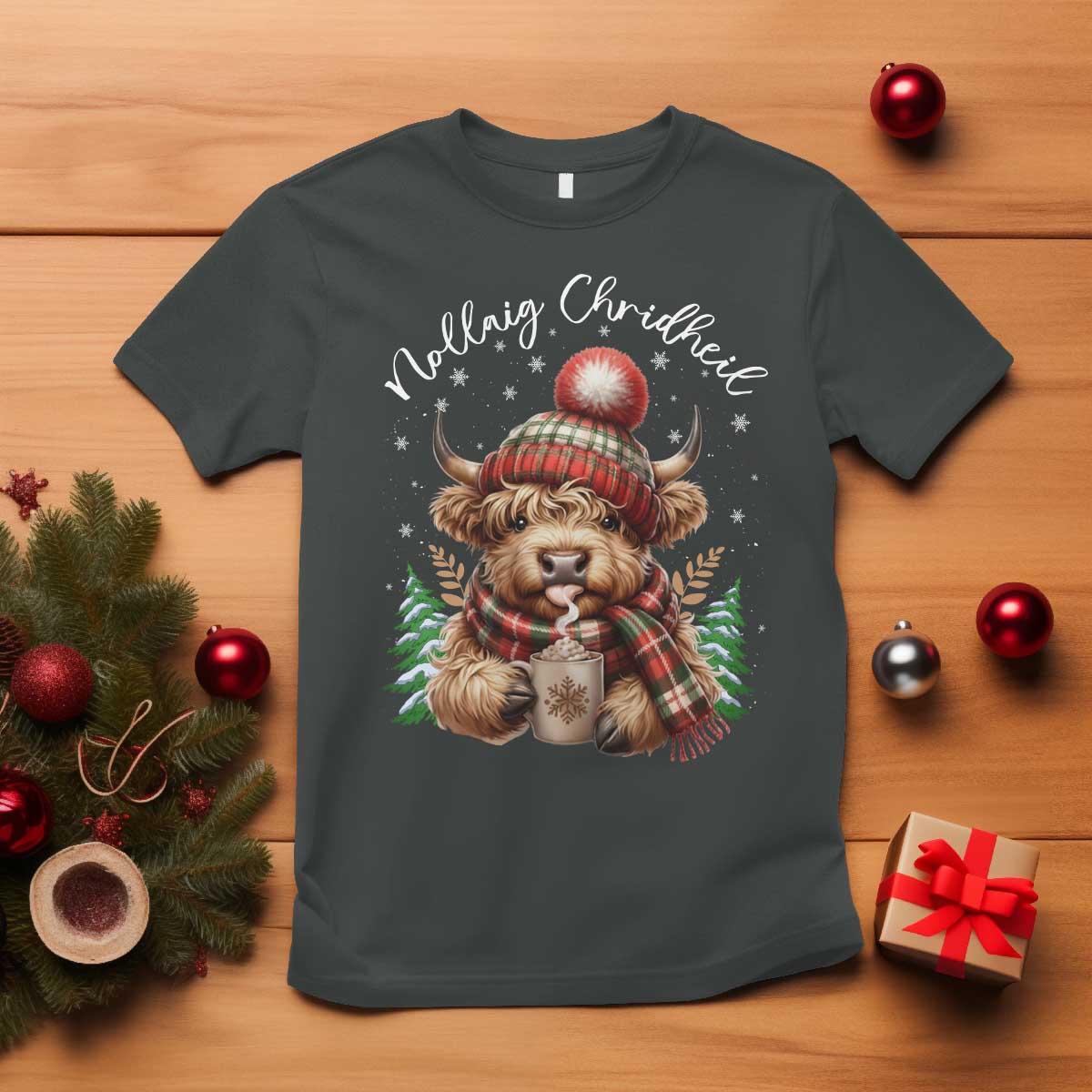 Scottish Christmas T Shirt Nollaig Chridheil Gaelic Xmas Higland Cow TS11 Dark Heather Print Your Wear