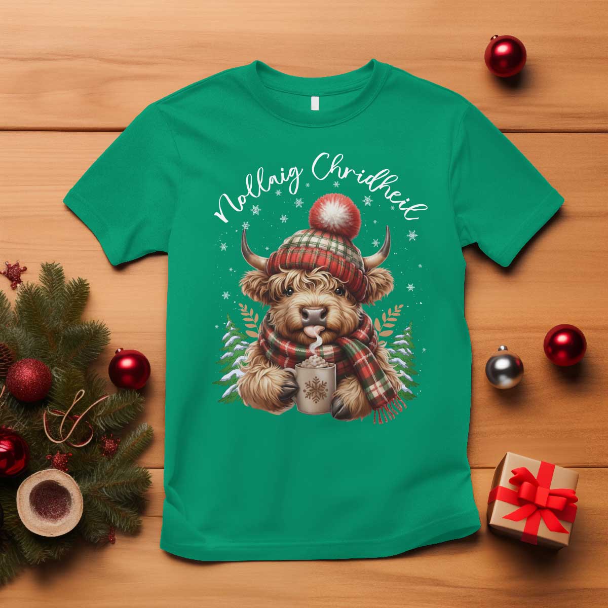 Scottish Christmas T Shirt Nollaig Chridheil Gaelic Xmas Higland Cow TS11 Irish Green Print Your Wear