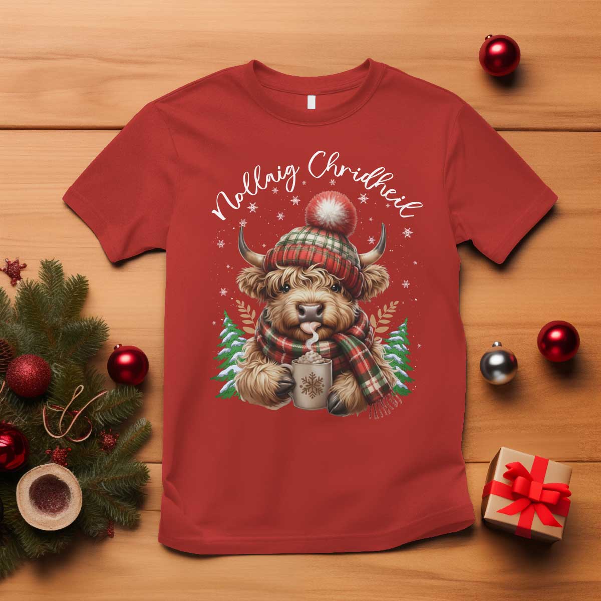 Scottish Christmas T Shirt Nollaig Chridheil Gaelic Xmas Higland Cow TS11 Red Print Your Wear