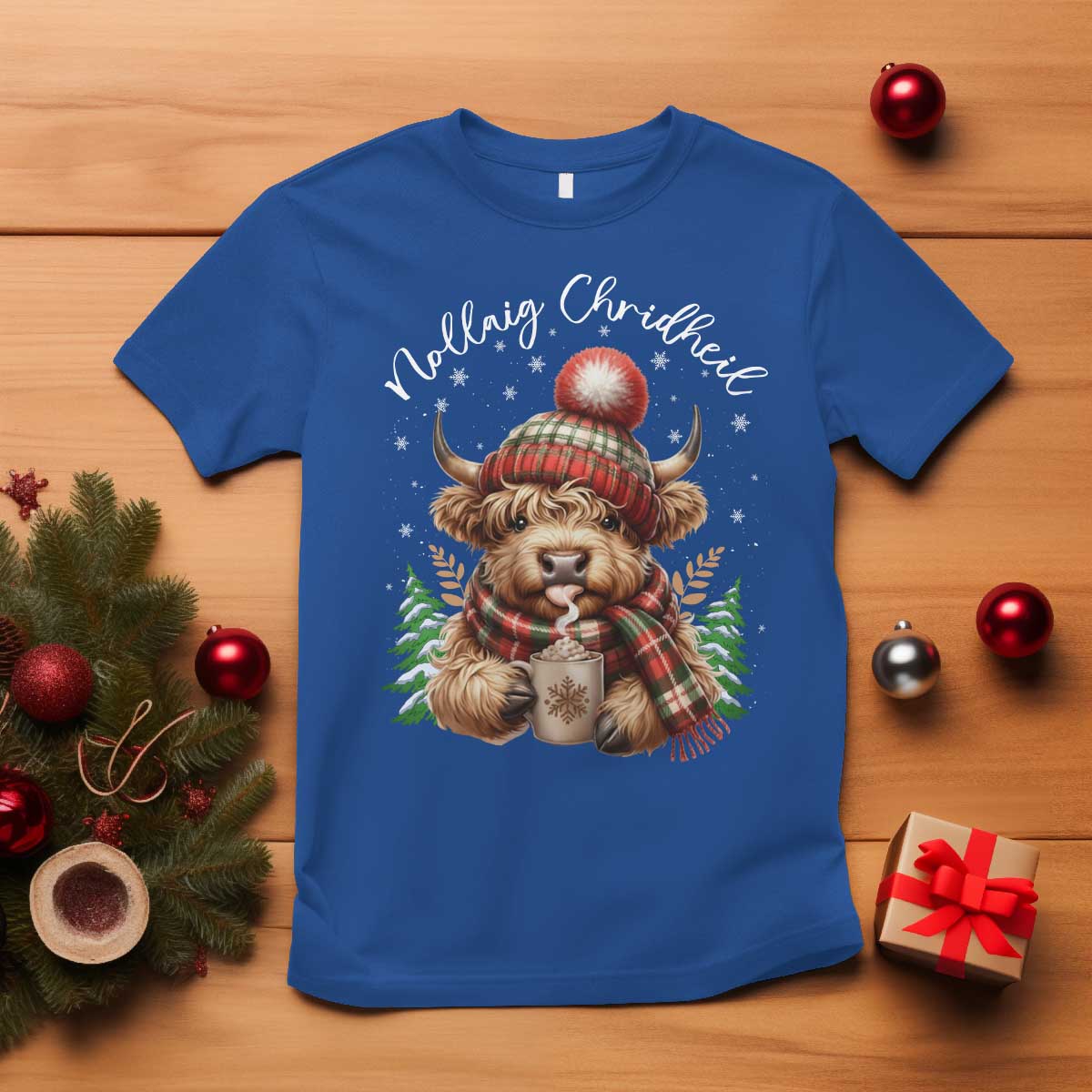 Scottish Christmas T Shirt Nollaig Chridheil Gaelic Xmas Higland Cow TS11 Royal Blue Print Your Wear
