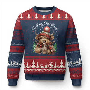 Scottish Xmas Ugly Christmas Sweater Nollaig Chridheil Gaelic Xmas Higland Cow TS11 Navy Red Print Your Wear
