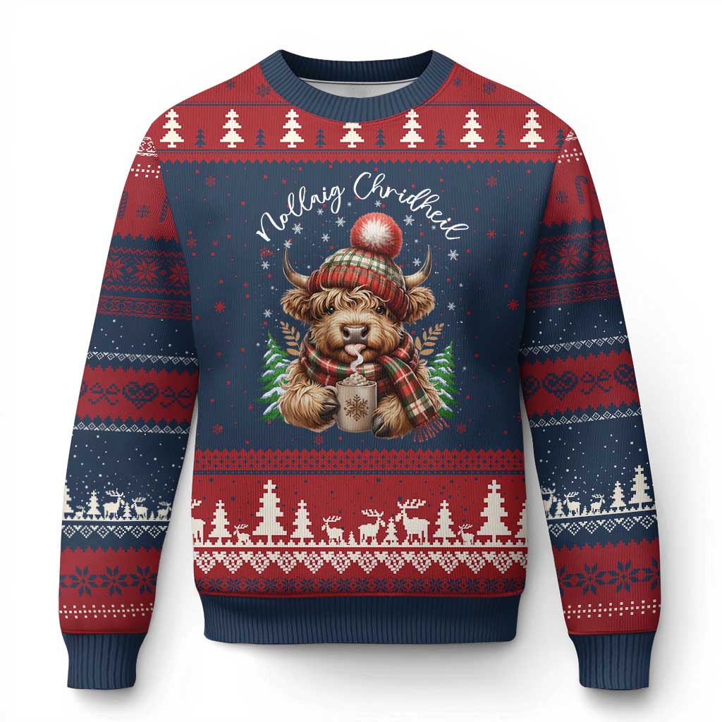 Scottish Xmas Ugly Christmas Sweater Nollaig Chridheil Gaelic Xmas Higland Cow TS11 Navy Red Print Your Wear