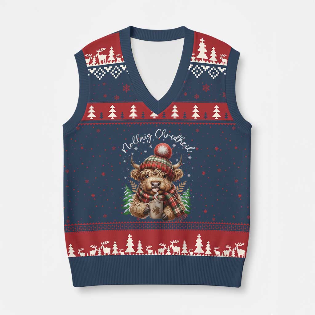 Scottish Xmas V-Neck Knit Sweater Vest Nollaig Chridheil Gaelic Xmas Higland Cow TS11 Navy Red Print Your Wear