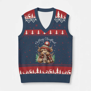 Scottish Xmas V-Neck Knit Sweater Vest Nollaig Chridheil Gaelic Xmas Higland Cow TS11 Navy Red Print Your Wear