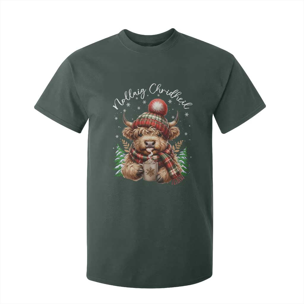 Scottish Christmas T Shirt For Kid Nollaig Chridheil Gaelic Xmas Higland Cow TS11 Dark Forest Green Print Your Wear